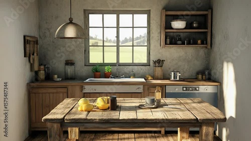 Rustic kitchen interior design with wooden table and lemons displaying a farmhouse vibe