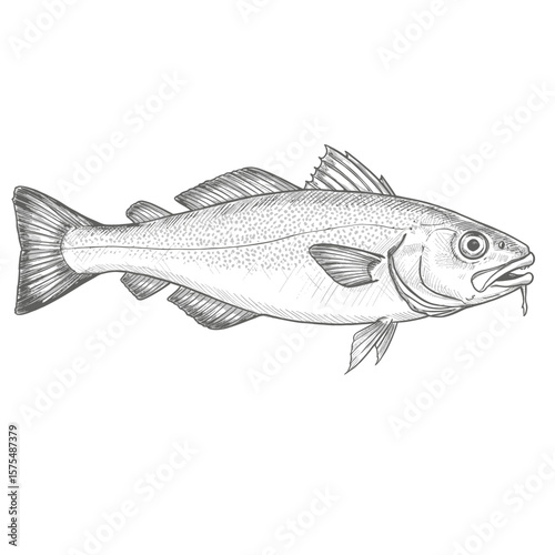 Atlantic Cod-Gadus morhua. Hand Drawn Cod Fish Illustration, Detailed Engraved Style Atlantic Cod Vector Artwork
