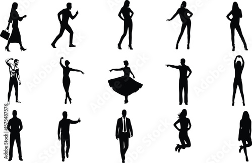 Collection of diverse black silhouette figures posing and in motion on white backdrop