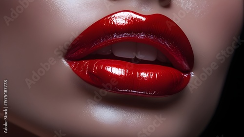 Dramatic close-up of glossy red lips