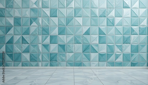 Polished Teal Tile Wall Background with Triangular 3D Blocks and Semi-Gloss Finish