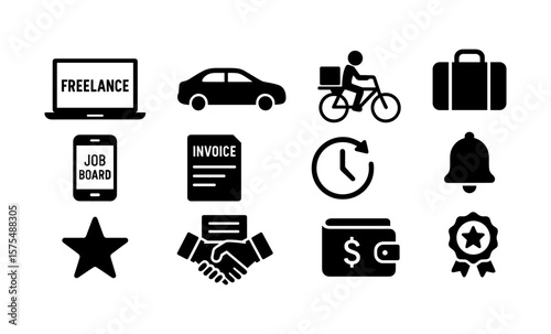 Freelance icons set: laptop, bicycle, handshake, and more in bold silhouette style