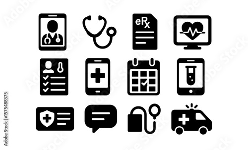 Telemedicine icon set: essential healthcare and digital communication symbols in silhouette style