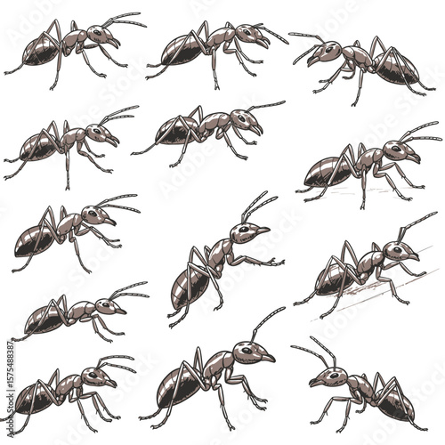 A collection of detailed hand-drawn illustrations of ants in multiple poses, created in vintage sketch style. The artwork emphasizes the insect’s body structure and movement, suitable for biology