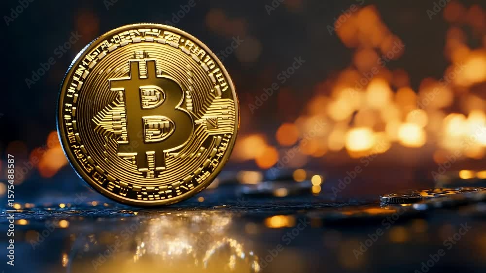 A radiant golden virtual currency token stands tall on a dark, reflective with abstract light bokeh.