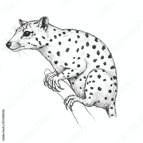 A detailed pencil sketch of a spotted mammal climbing along a textured surface. The animal's distinctive spots and agile posture are intricately drawn, set in a forest wildlife scene.