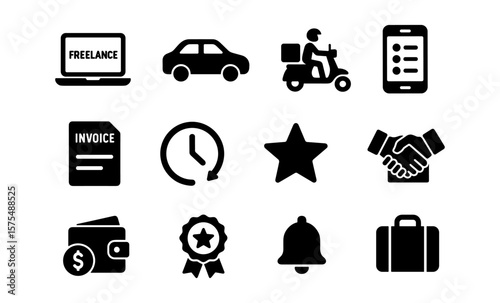 Business and delivery icons: freelance, transportation, communication, and more