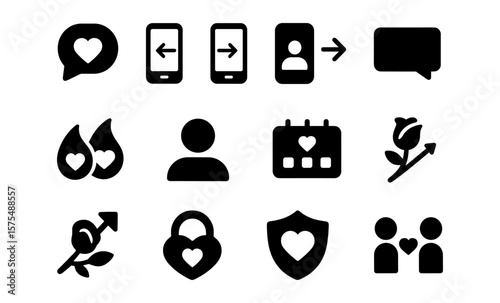 Love and communication icons set: mobile, calendar, heart, lock, shield, person