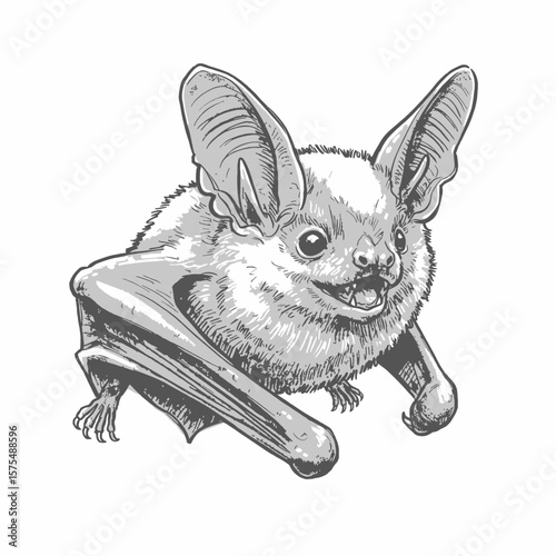 A detailed pencil sketch of a bat with outstretched wings, displaying a lively expression. The bat's wings and facial details are intricately drawn, emphasizing a nocturnal wildlife scene.