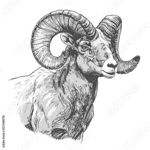 A detailed pencil sketch of a ram with impressive curved horns standing proudly. The ram's muscular build and textured horns are highlighted, set against a mountain wildlife backdrop.