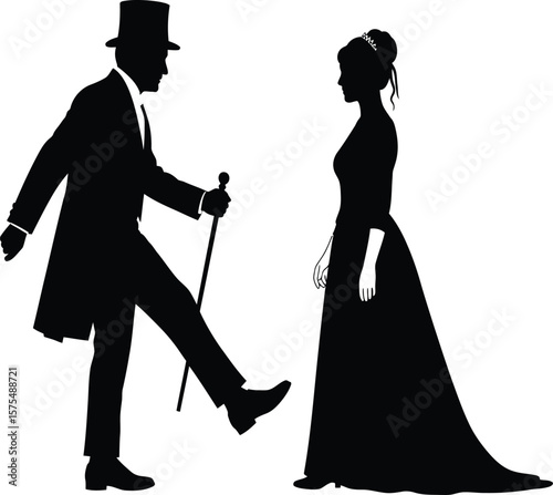 Silhouette of a man in a suit and top hat stepping towards a woman in a gown and tiara