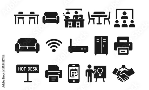 Office icons: workspace essentials in bold silhouette design
