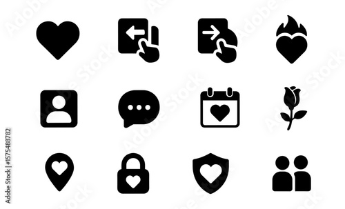 Black dating icons set: swipe, match, and connect symbols