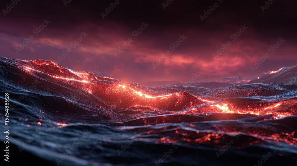 Fototapeta premium Fiery Volcanic Lava Ocean at Night