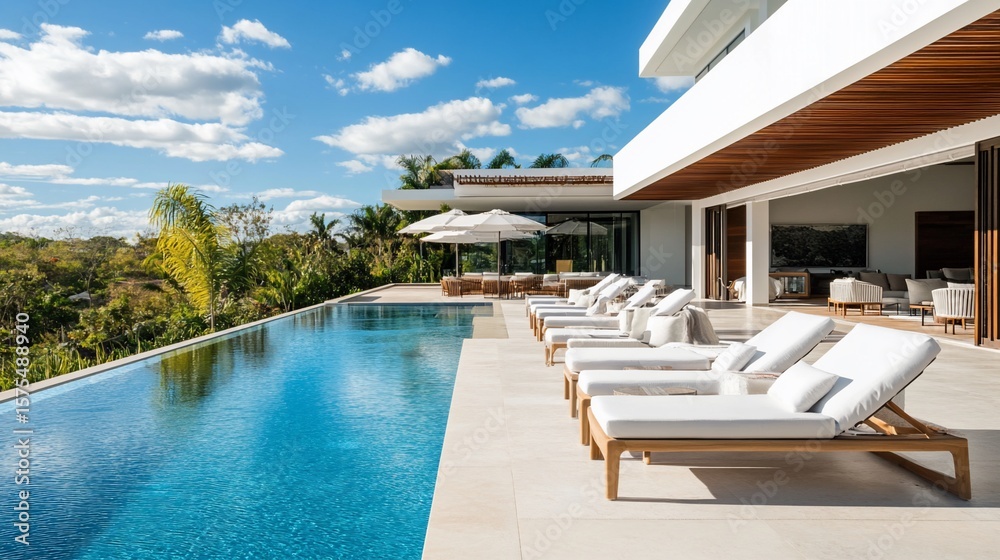 Fototapeta premium Luxurious villa with infinity pool overlooking tropical landscape under blue sky