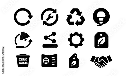 Sustainable icon set featuring recycling, renewable energy, and eco-friendly symbols