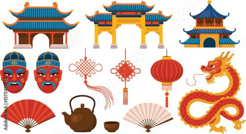 Chinese Culture Illustration Pagodas, Dragon, Fans, Masks, Knots, Teapot and Lanterns on a White Background