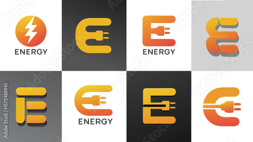 Collection of Energy Logos Featuring Stylized Letter E with Plug and Lightning Bolt Icon