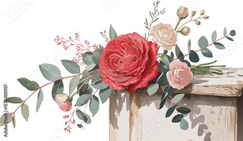 Elegant Watercolor Rose and Eucalyptus Arrangement on Distressed White Wood Surface, Isolated on White