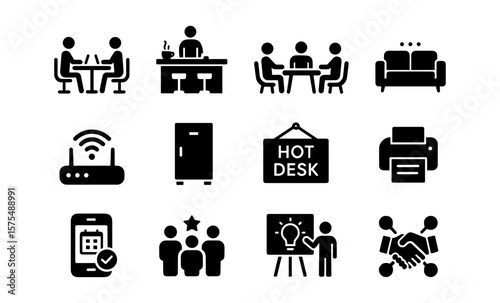 Office essentials icon set: furniture, technology, and teamwork symbols