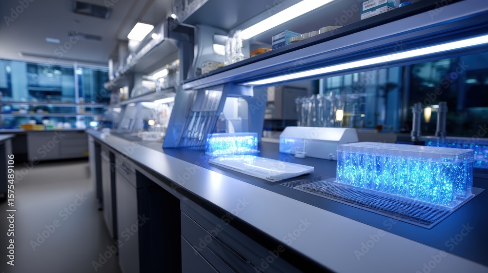 Fototapeta premium Modern Laboratory Interior with Blue Illuminated Samples