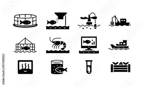 Aquaculture icons: hatchery, feeding systems, and monitoring equipment