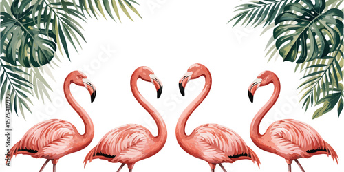 Four Pink Flamingos with Palm Leaves Decorating the Corners on White Background, Artistically Rendered
