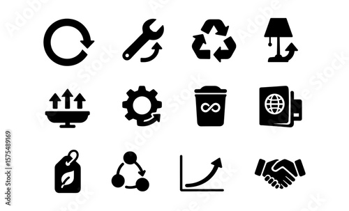 Sustainable practices icons featuring recycling, upcycling, and eco-friendly symbols