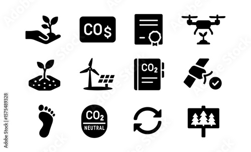 Eco icons set: renewable energy, carbon credit, and conservation symbols