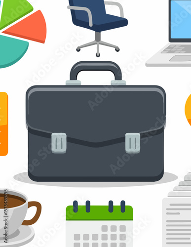 Cartoon Business Office Icon Set – Briefcase, Pie Chart, Laptop, Coffee, and Calendar

