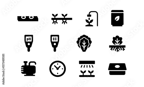 Hydroponics system icons set for modern farming and gardening