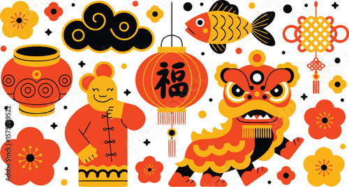 Vibrant Chinese New Year Decorations Lantern, Lion Dance, Lucky Mouse, Flowers and More Icons