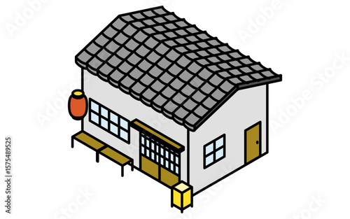 瓦屋根と引き戸のレトロな赤ちょうちんのある和風居酒屋、シンプルな線画のアイソメトリックイラスト