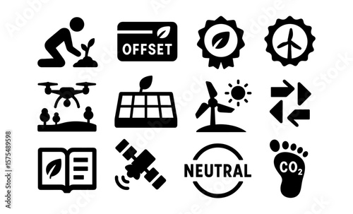 Eco energy icons: sustainable solutions and renewable resources in silhouette style