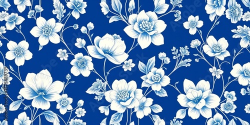 Blue and white chinoiserie floral bloom seamless pattern Spring flowers, vintage style, textile design, design