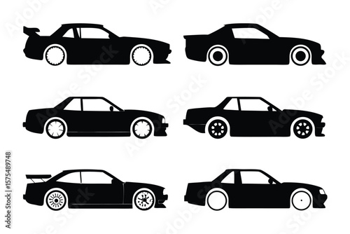 Car silhouettes: A collection of sleek car silhouettes against a simple background, showcasing various body styles, perfect for automotive design and transport concepts.