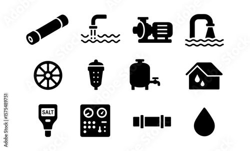 Desalination equipment icons: membrane, pump, solar still, and more