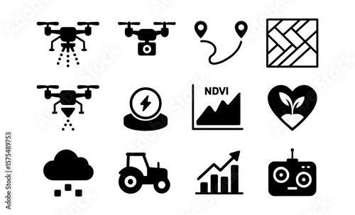 Agricultural drone and smart farming technology icons set