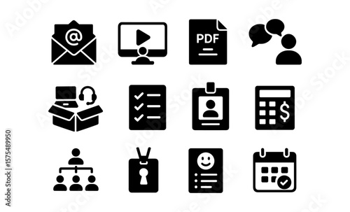 Essential workplace icons for communication, identification, and organization