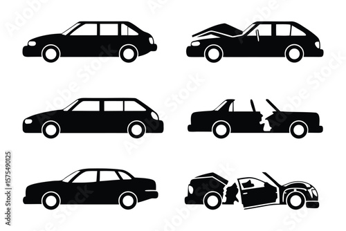 Silhouette Car Collision Icons: A series of impactful icons depicts diverse car collision scenarios, visually representing the concept of accidents and automotive damage.