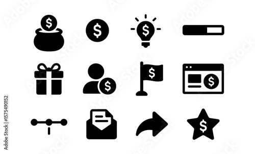 Crowdfunding icon set: money, progress, and engagement symbols in black silhouette style