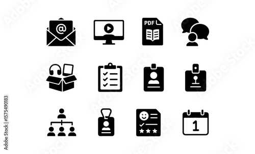 Essential onboarding icon set for remote work: communication, tasks, and tools