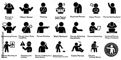 身振り手振りで感情や動作を伝える人物ピクトグラムセット、Gesture and Emotion Silhouette Icons – People in Various Actions
