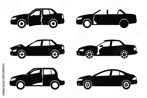 Automotive Silhouette Collection: A striking collection of car silhouettes. showcasing the diverse forms and styles of cars, perfect for automotive design, transportation themes, and graphic projects.