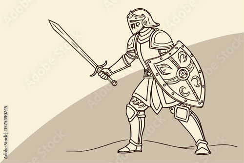 Detailed illustration of a medieval knight in shining armor ready for battle