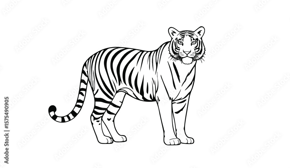 Obraz premium Black and White Line Art of a Standing Tiger in Side View
