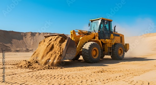 A yellow front-end loader pushing a large pile of sand under a clear blue sky.