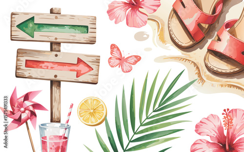 Watercolor Summer Beach Illustration with Directional Sign, Sandals, Flowers, Butterfly and Tropical Leaves