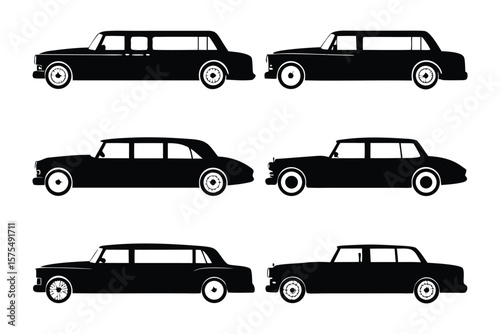 Classic Cars Silhouette Collection: A meticulously curated selection of elegant, vintage automobiles rendered in a stark, monochromatic palette, perfect for illustrating themes of luxury, travel.