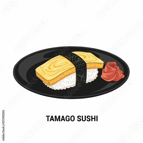 A piece of tamago sushi featuring a sweet Japanese omelet delicately placed over seasoned sushi rice, representing the balance of simplicity and flavor in Japanese cuisine.